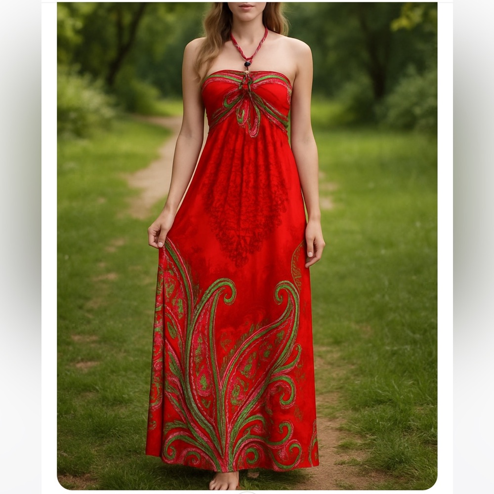 Red Floral Paisley Print Summer Maxi Dress Stretch